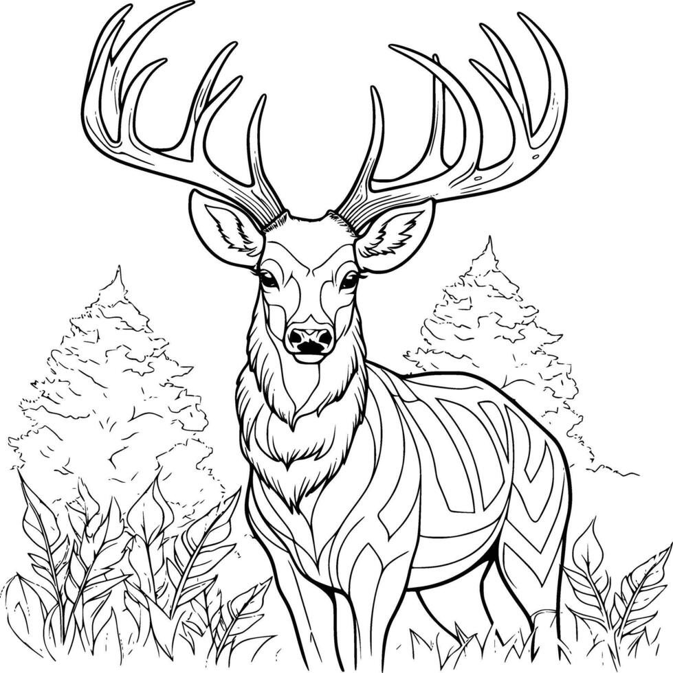 Cute Deer Walking in the Forest Coloring Page for Kids and Toddlers vector