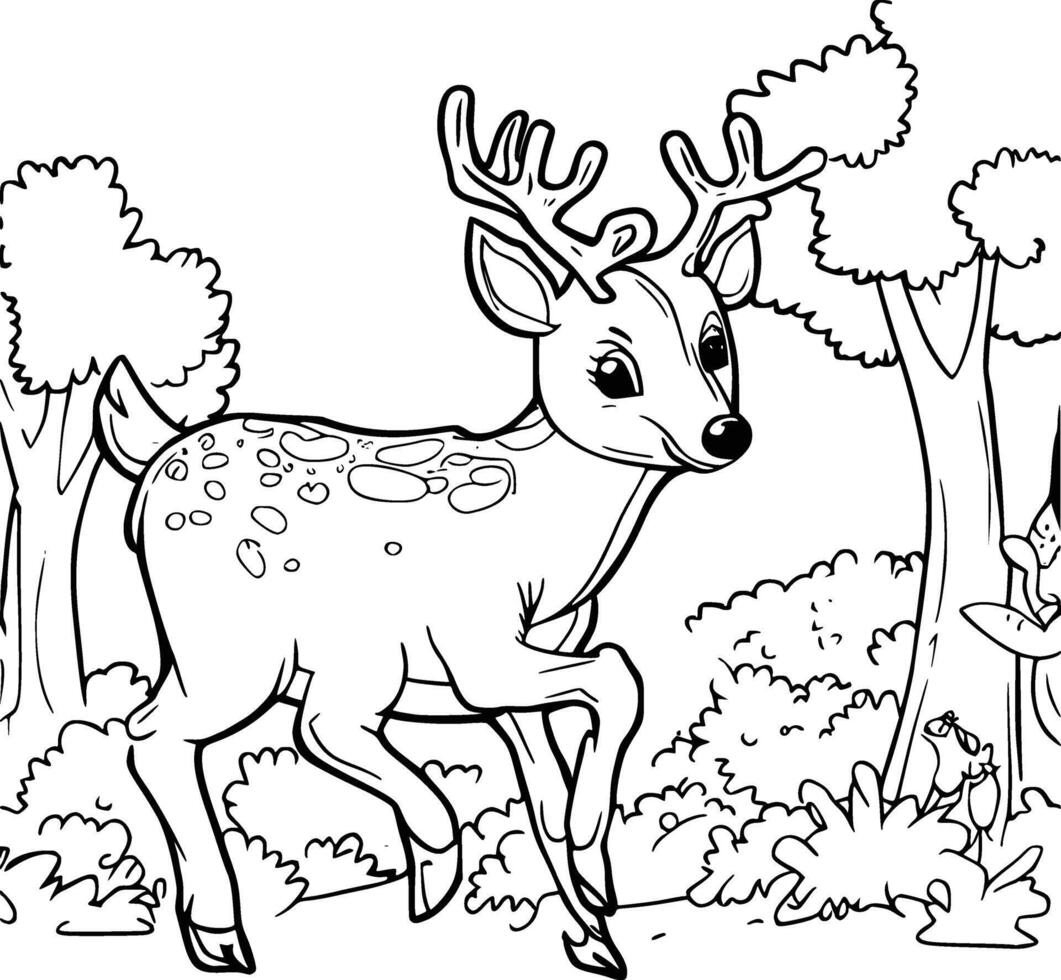 Cute Deer Walking in the Forest Coloring Page for Kids and Toddlers vector