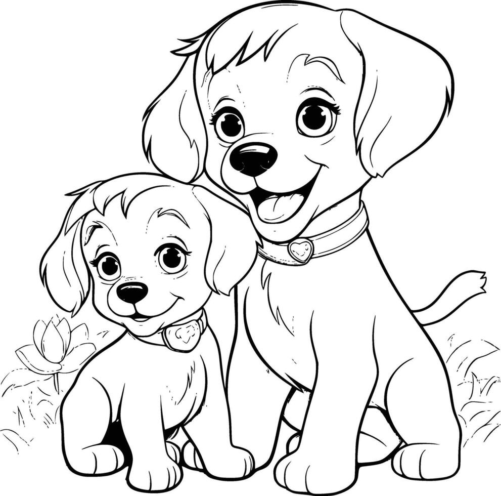 Cute Mother Dog And Puppy Coloring Page Drawing For Kids vector