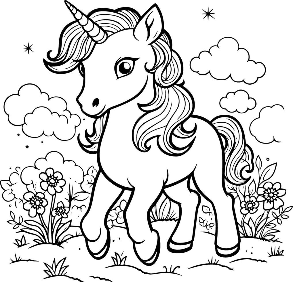 linda unicornio colorante paginas para niños vector