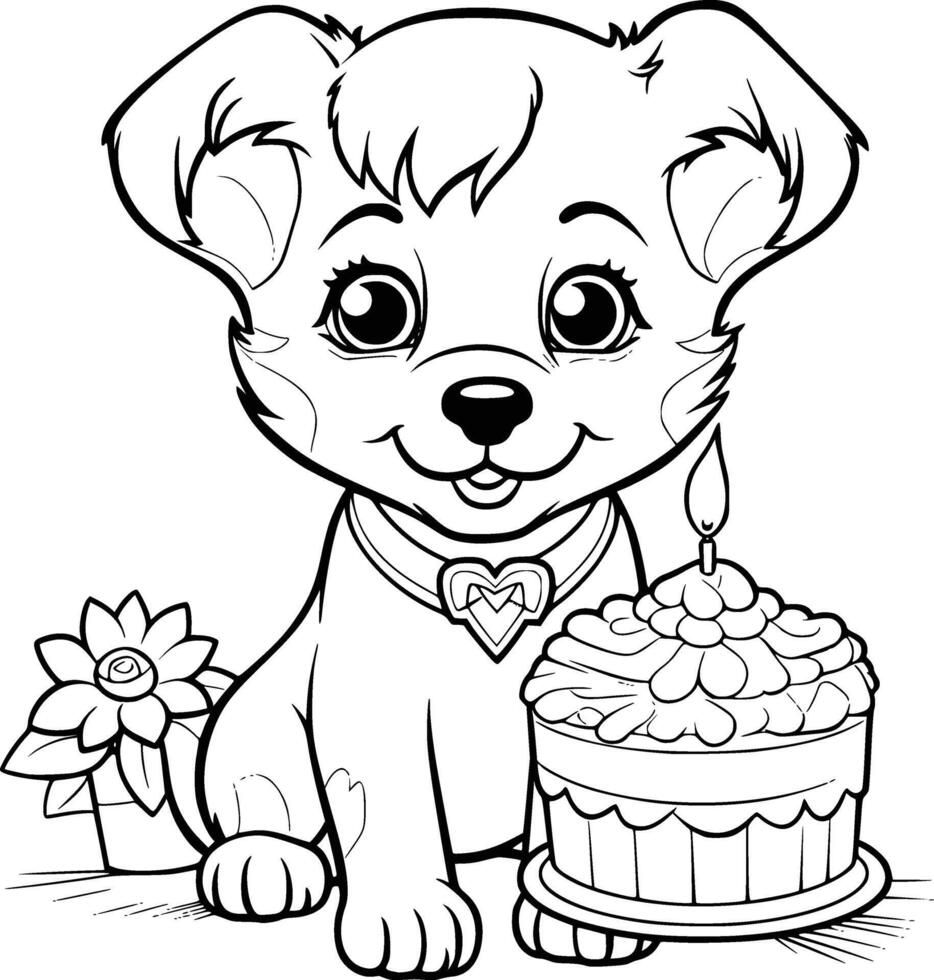 linda perro cumpleaños colorante paginas dibujo para niños vector