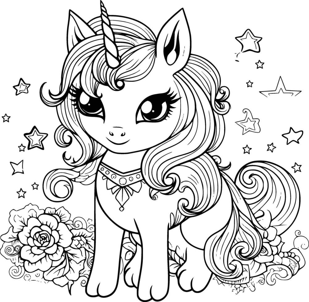 linda unicornio colorante paginas para niños vector