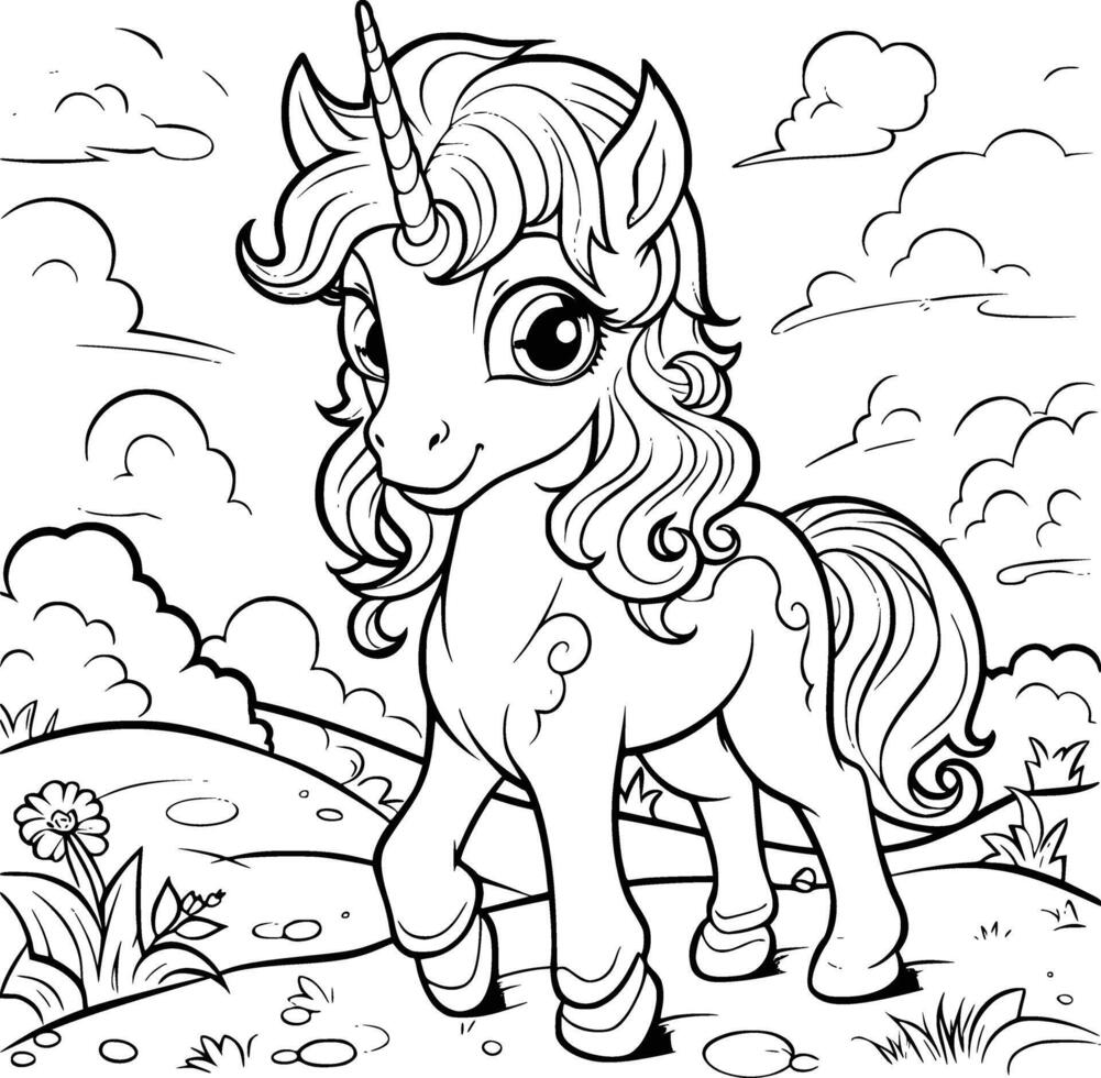 linda unicornio colorante paginas para niños vector