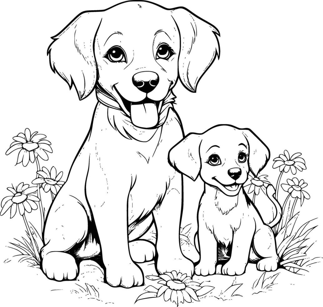 Cute Mother Dog And Puppy Coloring Page Drawing For Kids vector