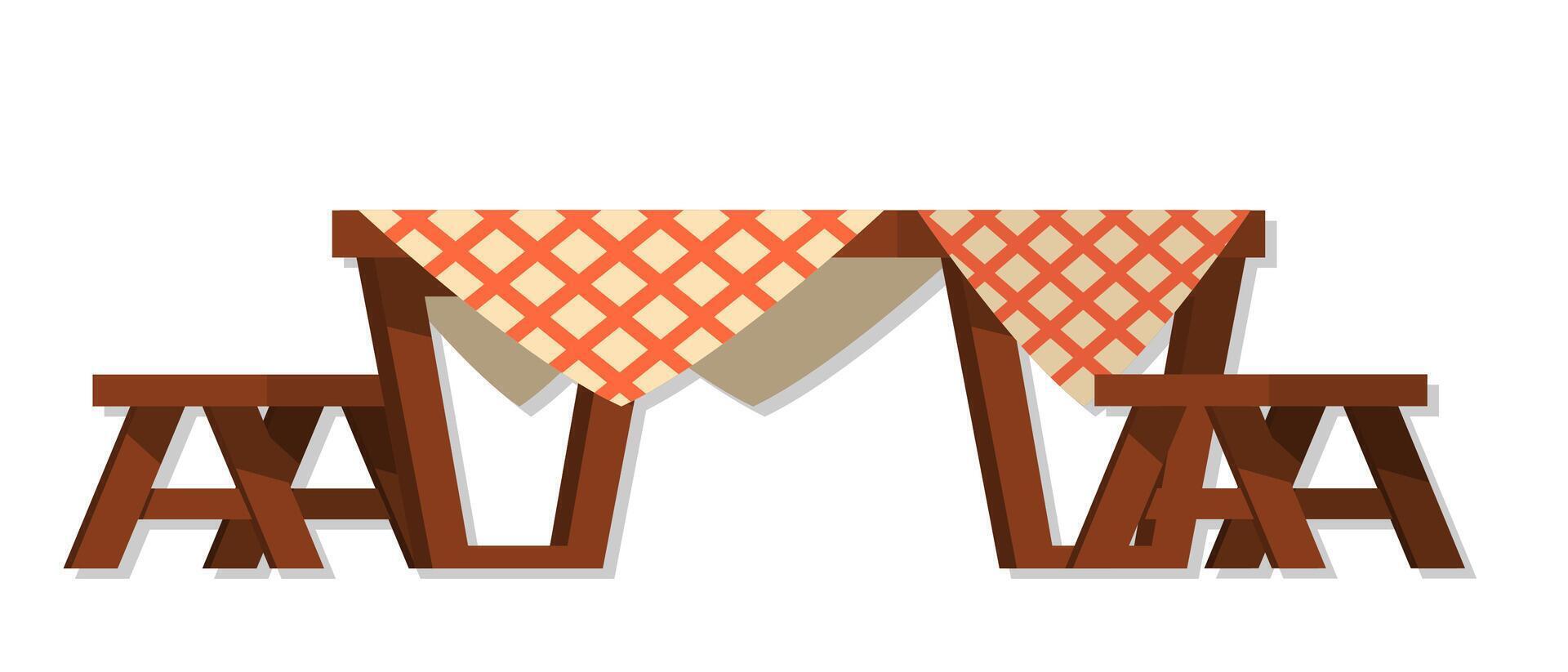 Wood dinning table with tablecloth and chairs cartoon illustration vector