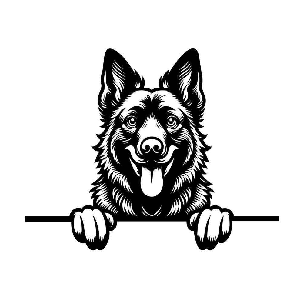 AI generated Black And White Dutch Shepherd dog peeking face Silhouette illustration vector