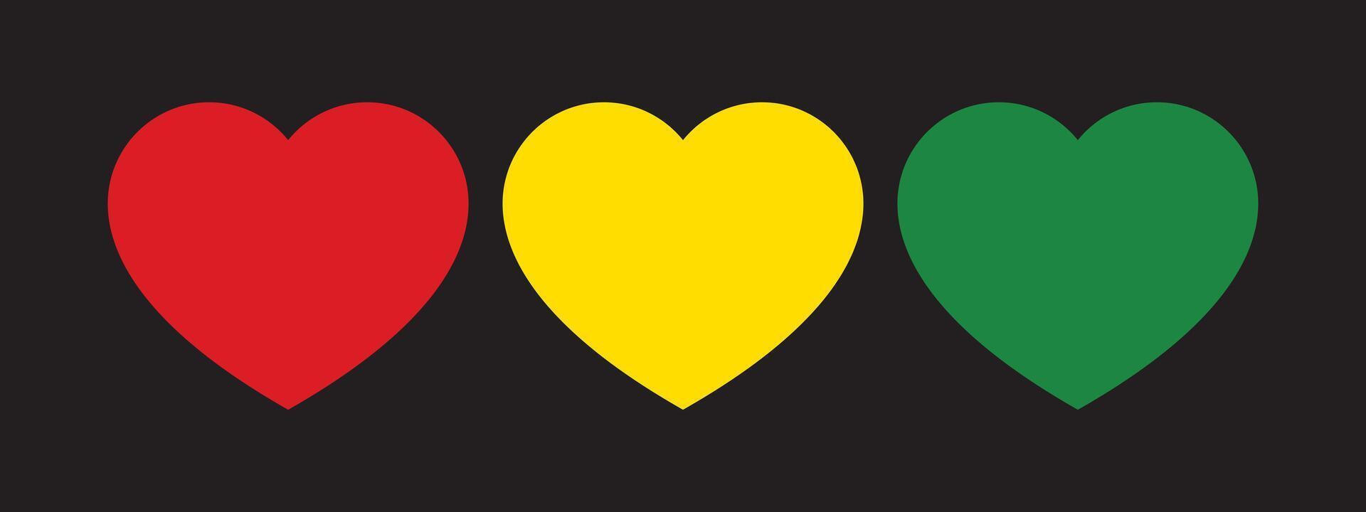 Red, yellow and green colored heart shape icon as the colors of Black History Month flag. Flat vector illustration.