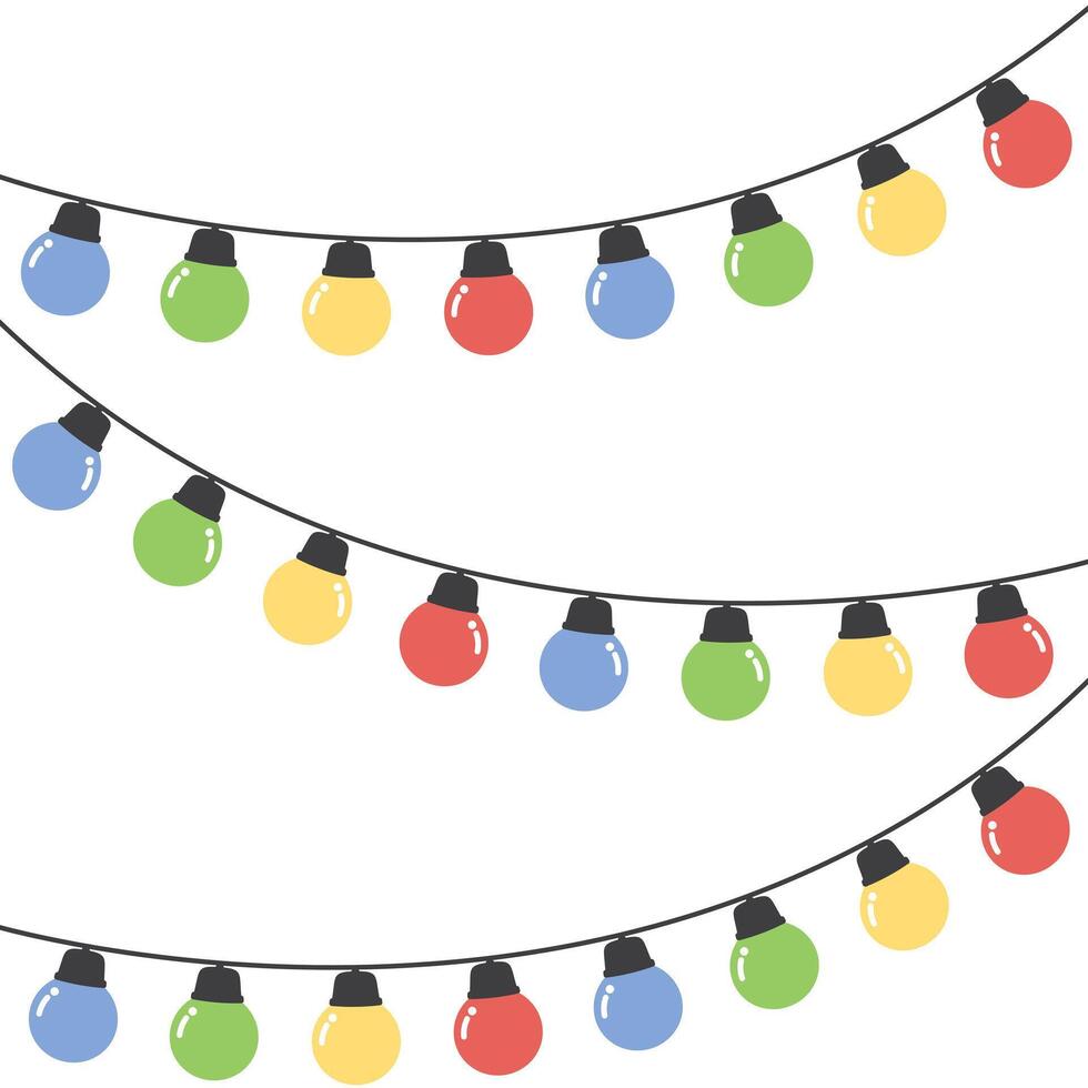 Set of seamless festive colorful Christmas string light border. Flat vector illustration.