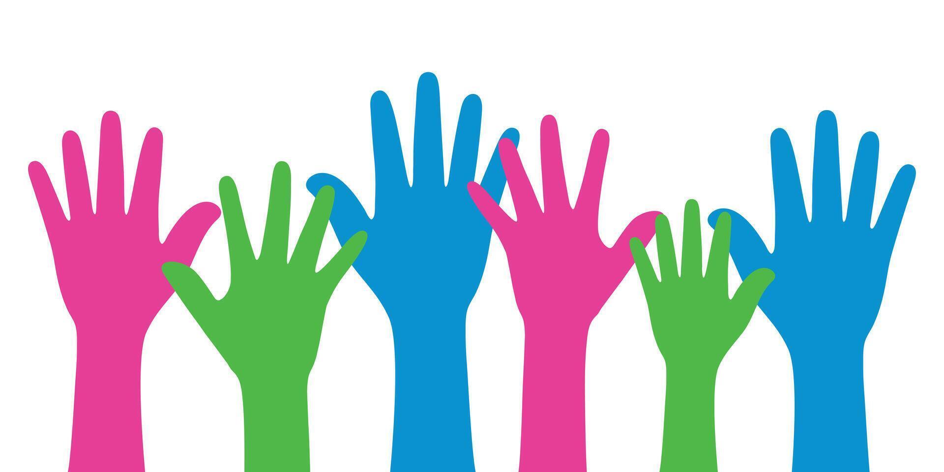 Silhouette of pink, green, and blue colored hands as the colors of the polysexual flag. Flat vector illustration.