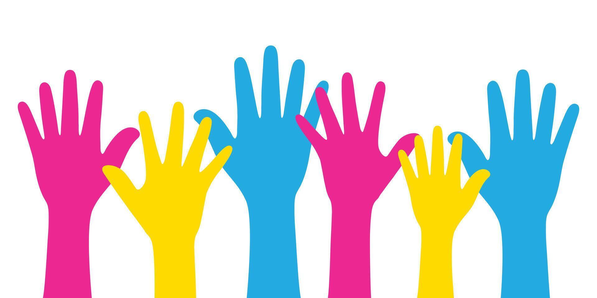 Silhouette of pink, yellow, and blue colored hands as the colors of the pansexual flag. Flat vector illustration.