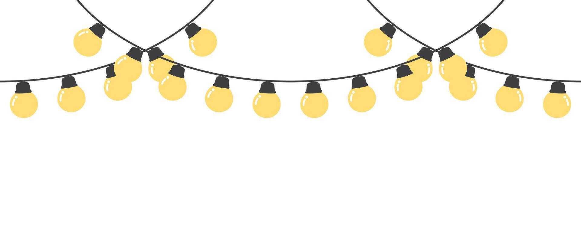 Set of seamless festive yellow Christmas string light border. Flat vector illustration.