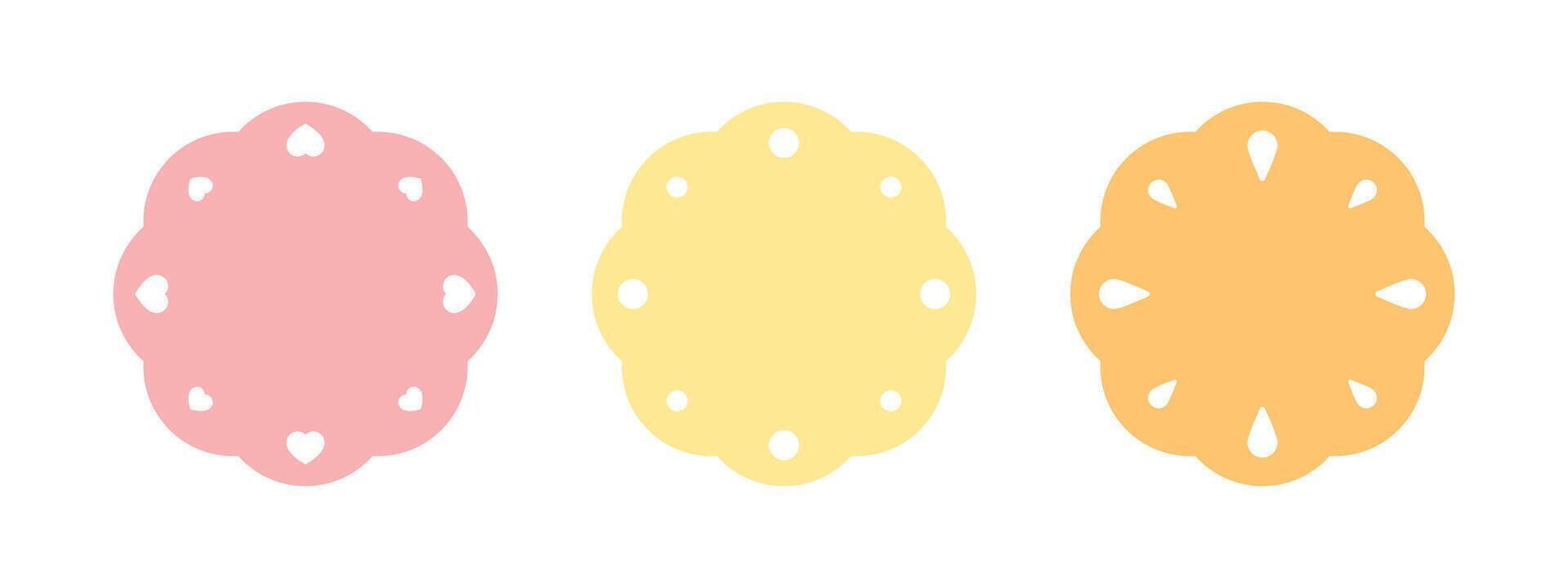 Cute scalloped round label set with dots, heart shape and drop shape decoration. vector