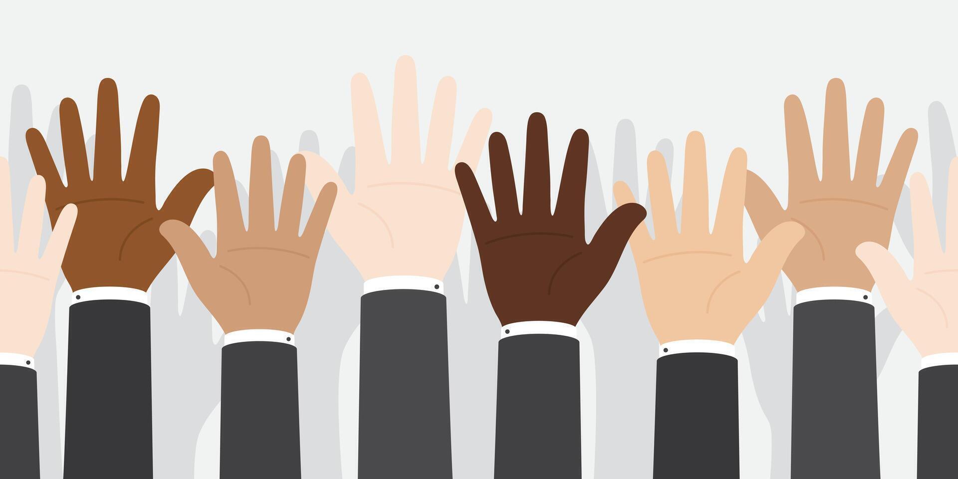 Flat vector illustration of people with different skin colors raising their hands. Unity concept.