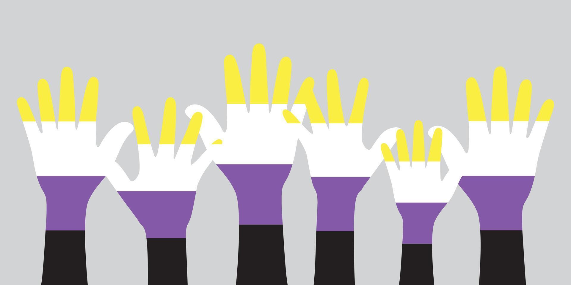 Silhouette of yellow, white, purple and black colored hands as the colors of the non-binary flag. Flat vector illustration.