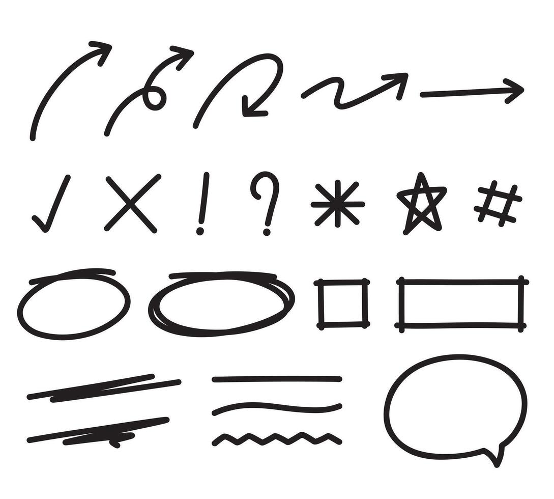 Icon set of hand drawn arrow, check mark, cross mark, underline, speech bubble symbols. Doodle vector illustration.