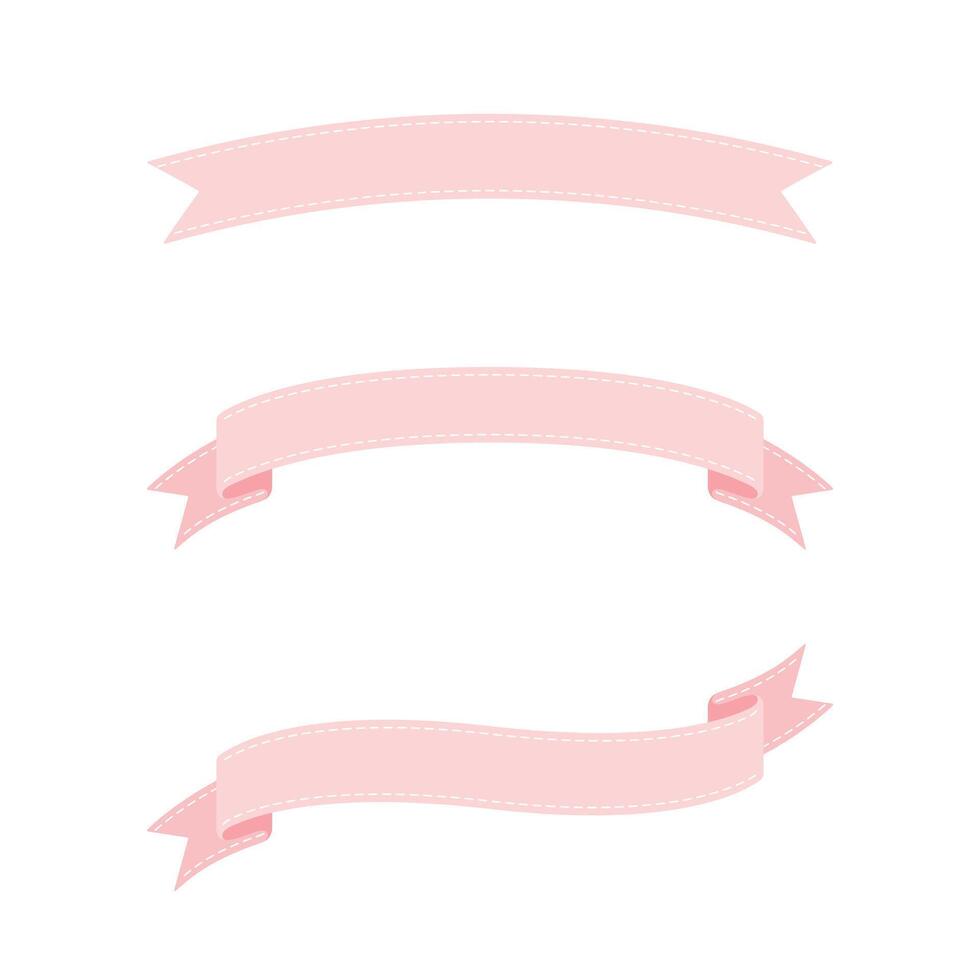 Set of cute pastel pink ribbon labels. Flat vector illustration.