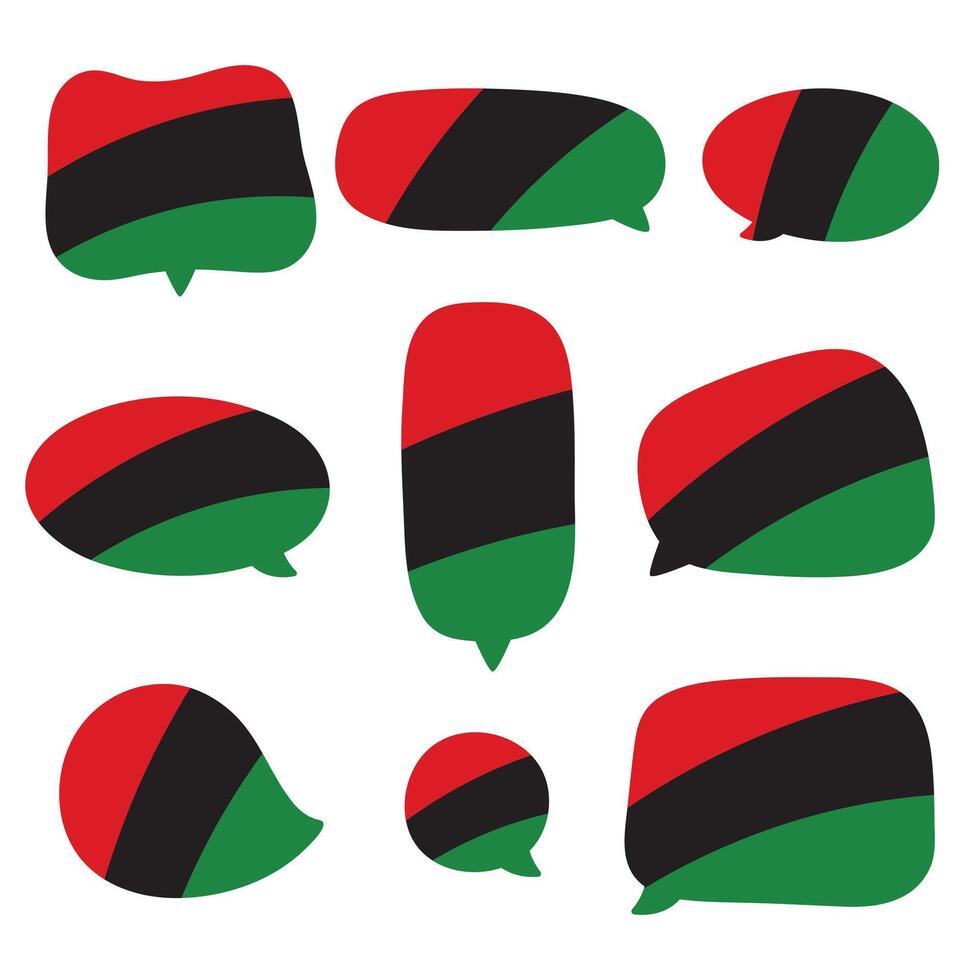 rojo, negro y verde de colores habla burbuja íconos como el colores de el panafricano bandera. para diecinueve de junio y negro historia mes. plano vector ilustración.