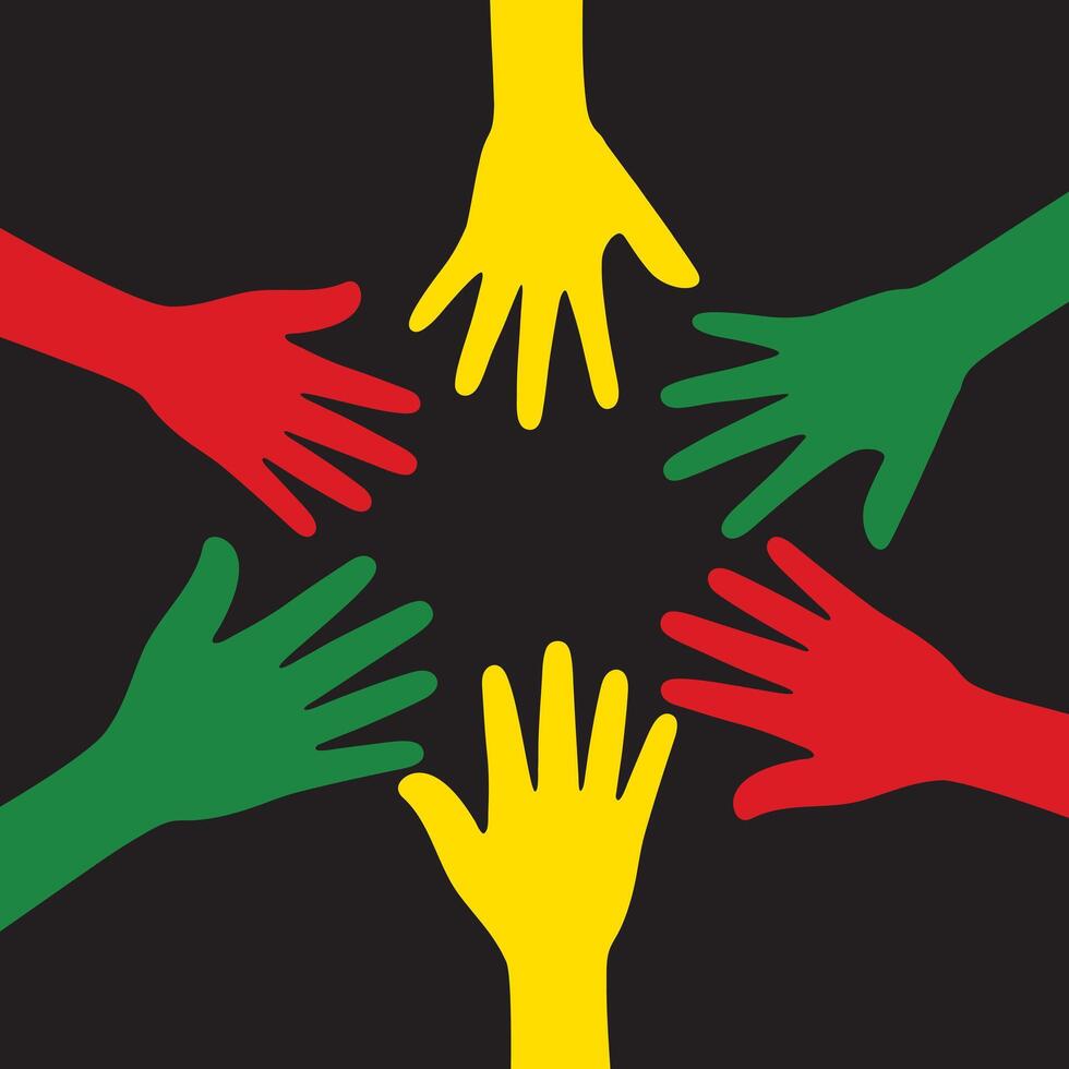 Silhouette of red, yellow and green colored hands as the colors of the Black History Month flag. Flat vector illustration.