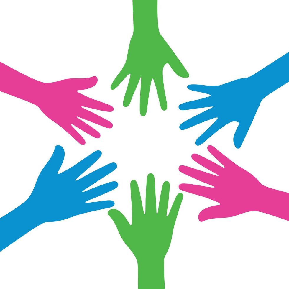 Silhouette of pink, green, and blue colored hands as the colors of the polysexual flag. Flat vector illustration.