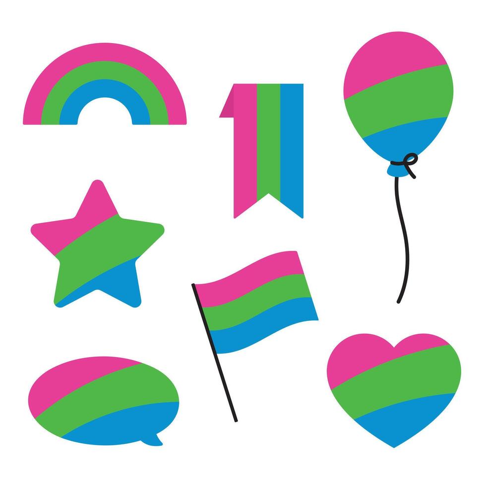 Pink, green, and blue colored speech bubble, star, heart, balloon, flag and rainbow icons, as the colors of the polysexual flag. LGBTQI concept. Flat vector illustration.