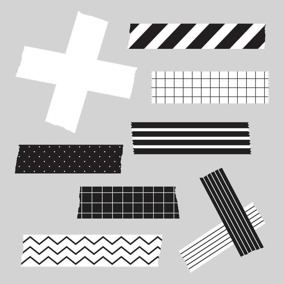 Set of black and white minimal patterned paper decoration tape. Flat vector illustration.