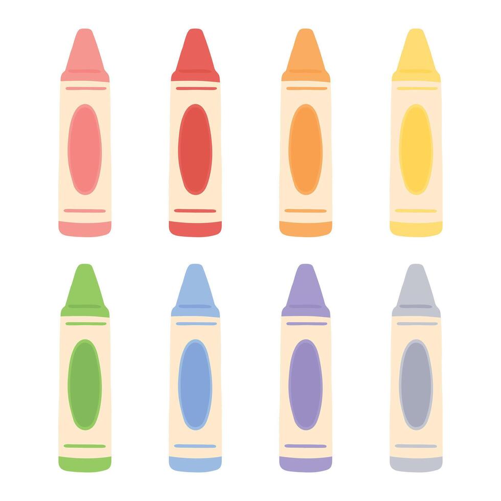 Cute pastel colored hand drawn crayon icon set. Doodle vector illustration. Back to school concept.