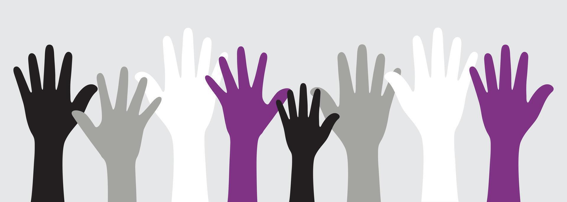 Silhouette of black, grey, white and purple colored hands as the colors of the asexual flag. Flat design illustration. vector