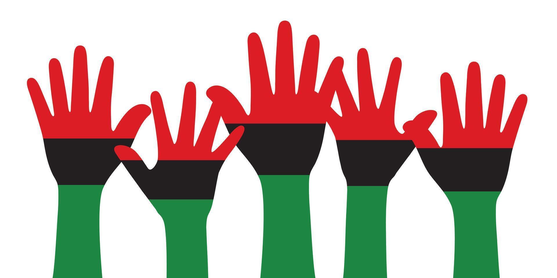 Silhouette of red, black and green colored hands as the colors of the Pan-African flag. Flat vector illustration. For Juneteenth and Black History Month.