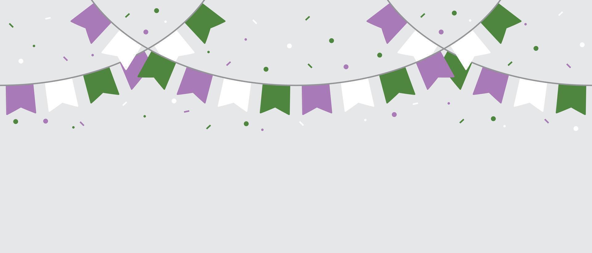 Purple, white, and green colored party bunting, as the colors of the genderqueer flag. LGBTQI concept. Flat design illustration. vector