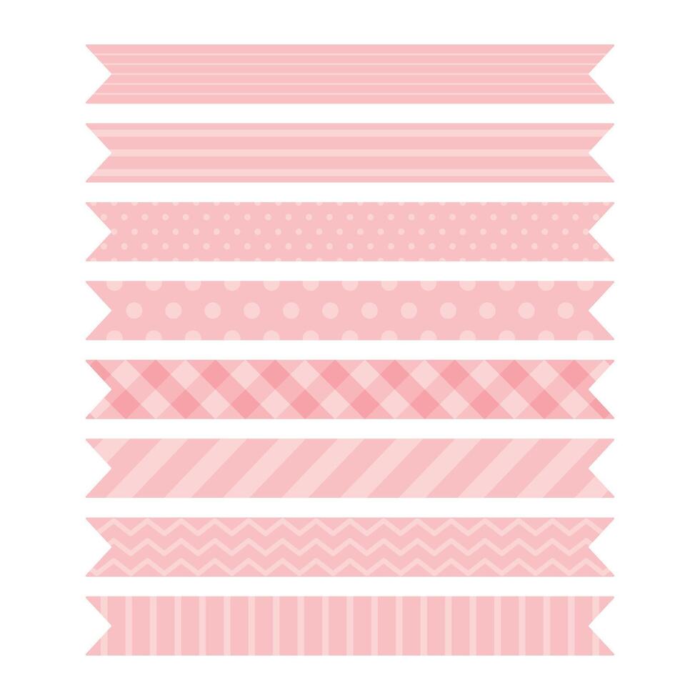 Set of cute pastel pink patterned ribbon labels. Flat vector illustration.