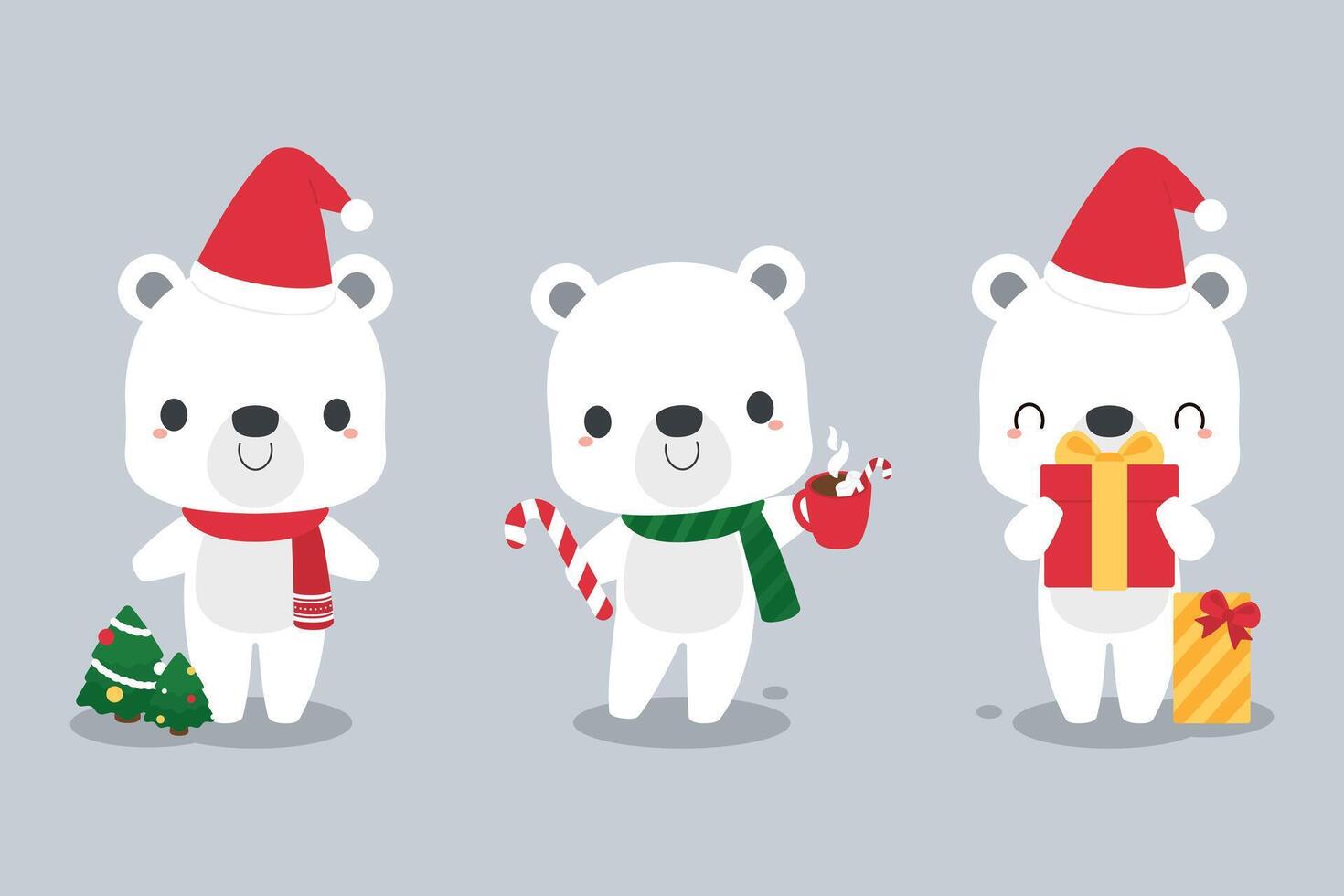 conjunto de linda polar oso dibujos animados caracteres en festivo Navidad fiesta temporada concepto. plano vector ilustración.