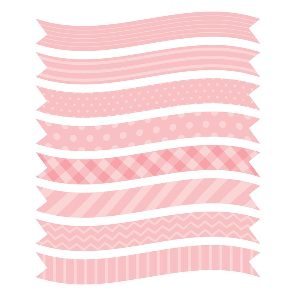 Set of cute pastel pink patterned ribbon labels. Flat vector illustration.