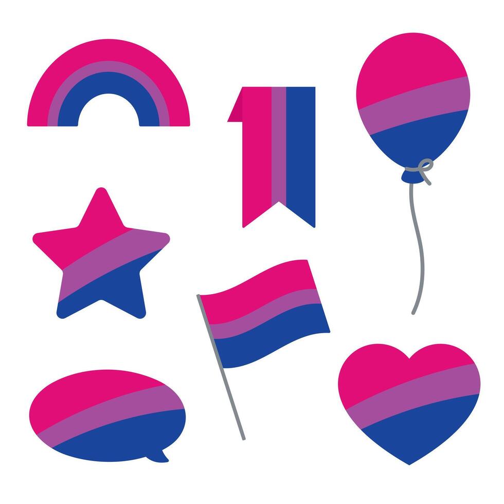 Pink, purple, and blue colored speech bubble, star, heart, balloon, flag and rainbow icons, as the colors of the bisexual flag. LGBTQI concept. Flat vector illustration.