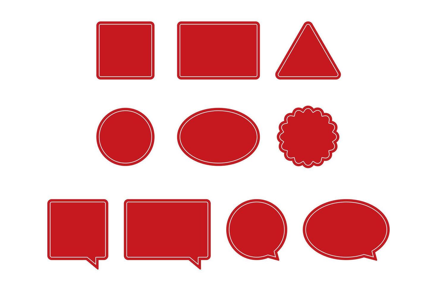 Blank red with white border label including square, rectangle, triangle, circle, ellipse and scalloped circle shapes. Flat vector illustration.