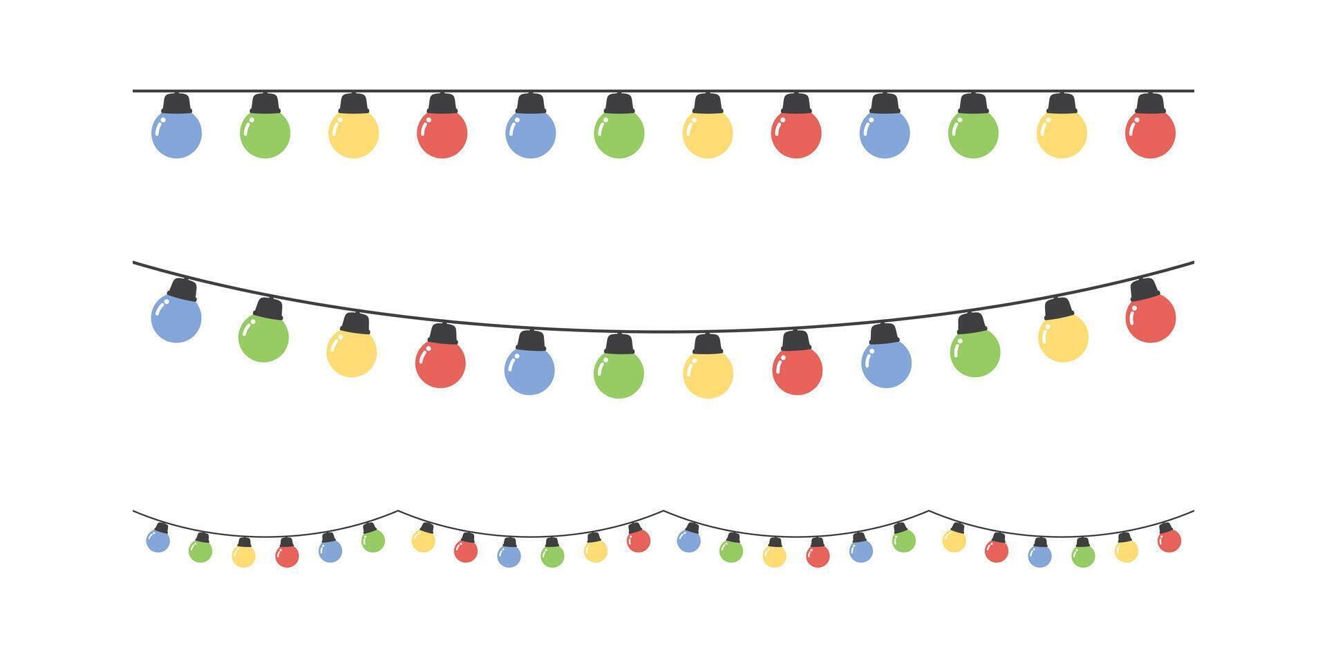 Set of seamless festive colorful Christmas string light border. Flat vector illustration.