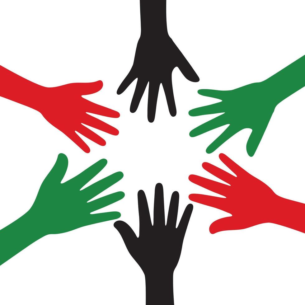 Silhouette of red, black and green colored hands as the colors of the Pan-African flag. Flat vector illustration. For Juneteenth and Black History Month.