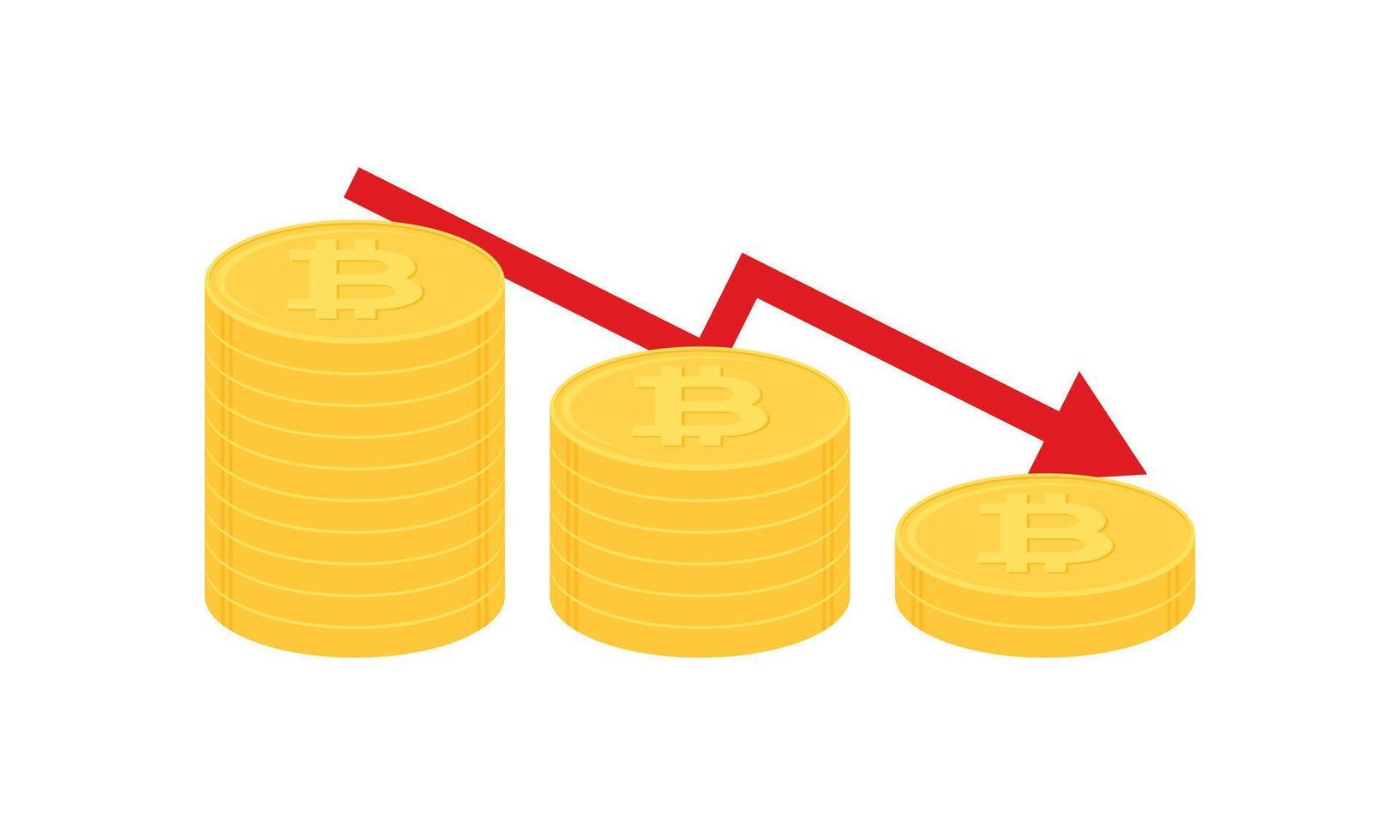 Stack of gold bitcoin coins with red downward arrow. Cryptocurrency, digital currency, business and finance concept. Flat design vector illustration.