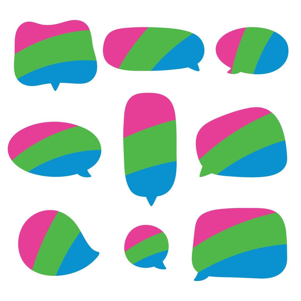 Pink, green, and blue colored speech bubble icon, as the colors of the polysexual flag. LGBTQI concept. Flat vector illustration.