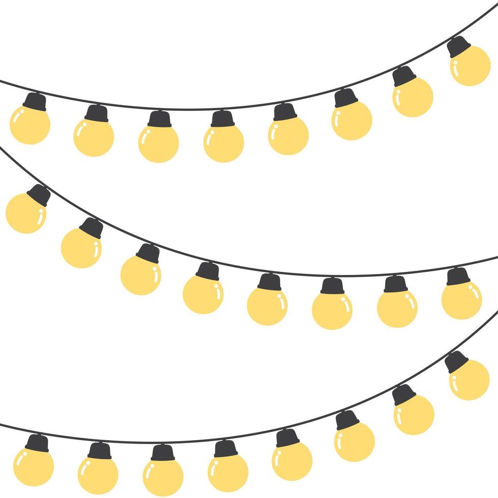 Set of seamless festive yellow Christmas string light border. Flat vector illustration.