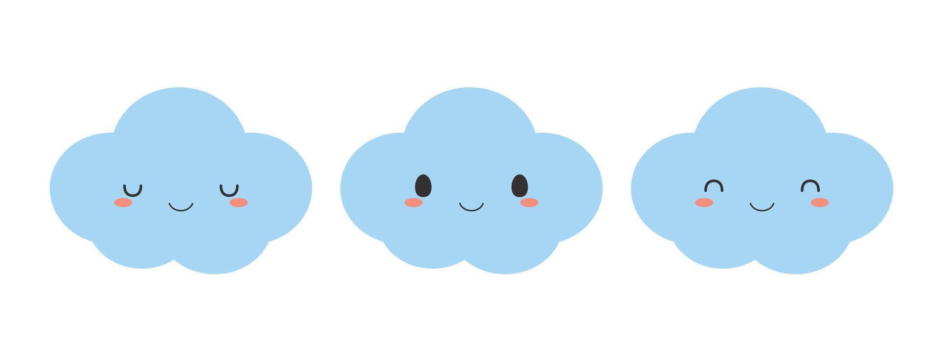 Set of cute blue cloud icons. Flat vector illustration.