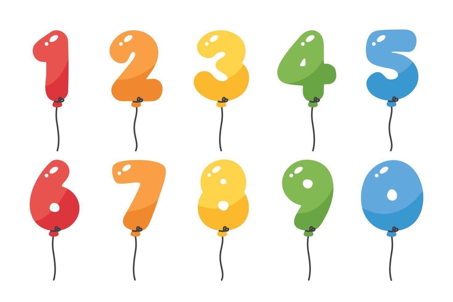 Colorful and playful number shaped balloons for kids, from zero to nine. Vector illustration.