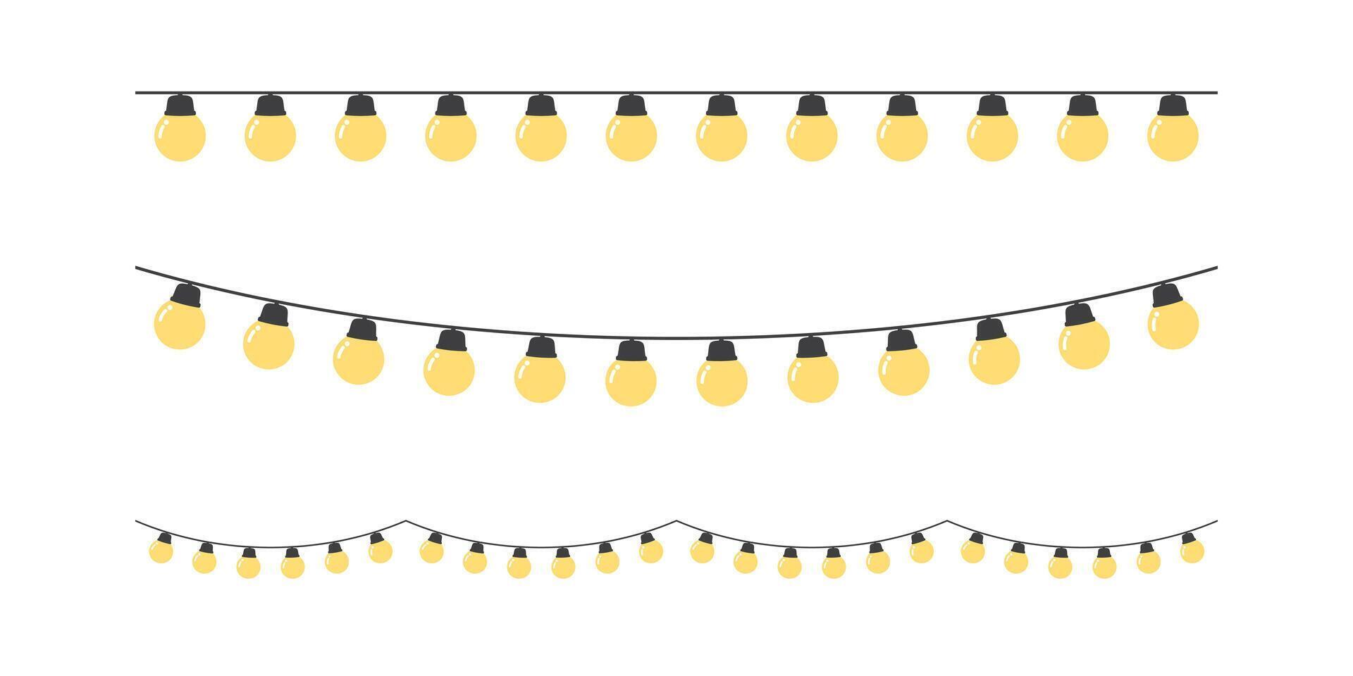 Set of seamless festive yellow Christmas string light border. Flat vector illustration.