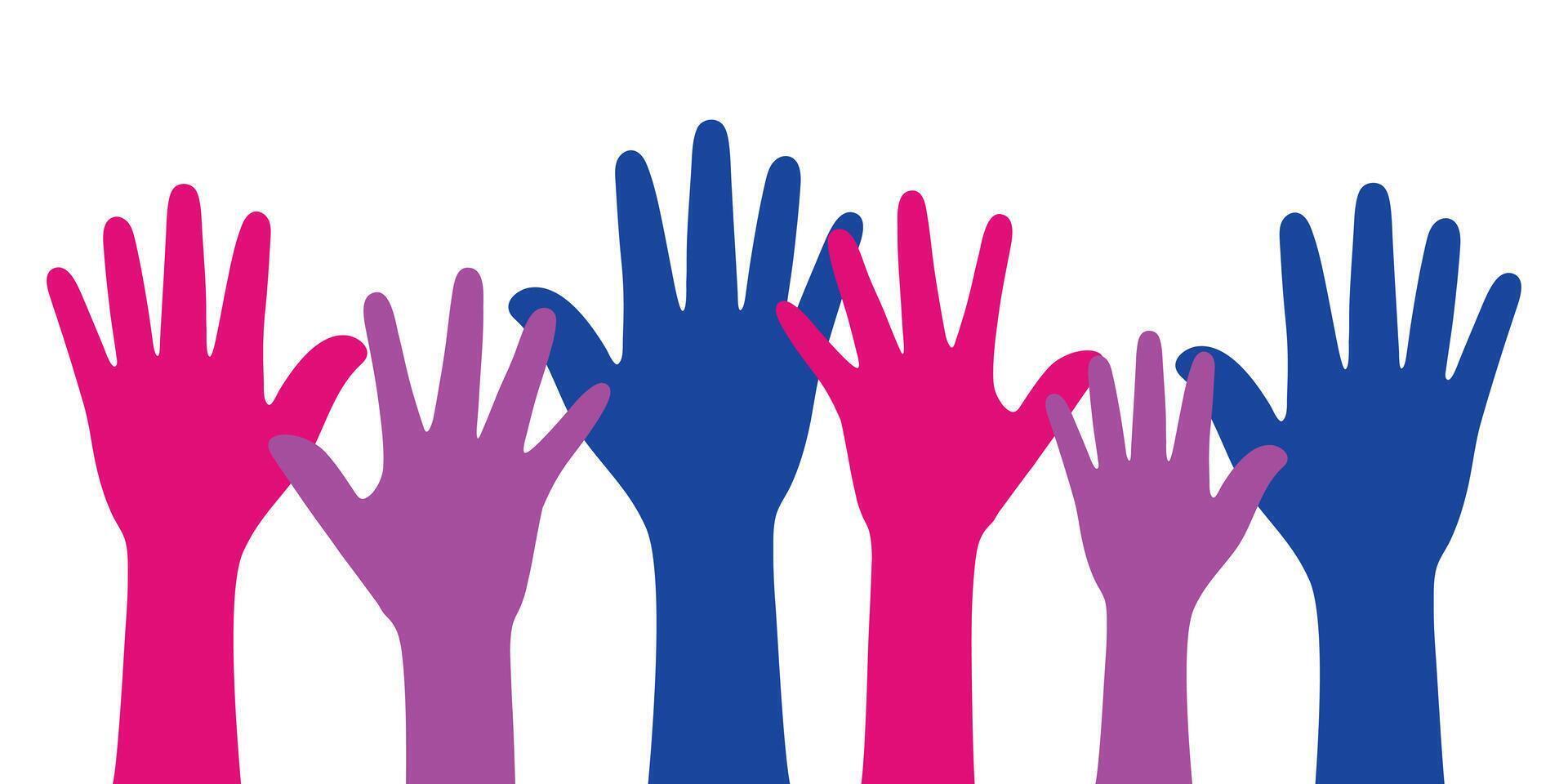 Silhouette of pink, purple, and blue colored hands as the colors of the bisexual flag. Flat vector illustration.