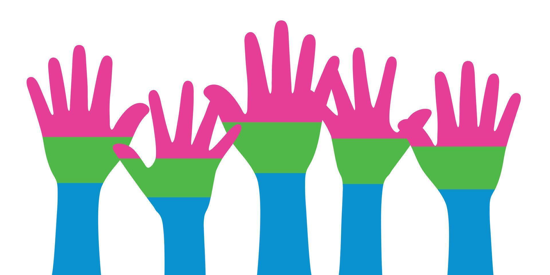 Silhouette of pink, green, and blue colored hands as the colors of the polysexual flag. Flat vector illustration.