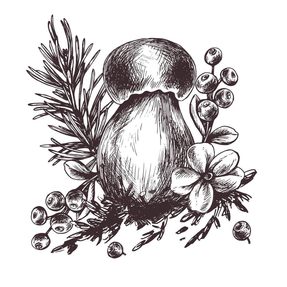 bosque porcini seta con alerce, arándano rojo, musgo y cono. gráfico botánico ilustración mano dibujado en marrón tinta. para recetas, embalaje, otoño festival, cosecha. aislado composición. vector