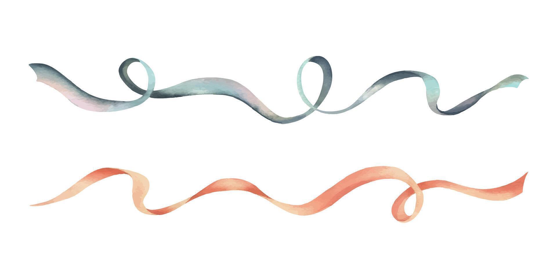 Long twisted satin and silk ribbons in peach fuzz and blue-turquoise colors. Hand drawn watercolor illustration. Set of elements isolated from background. vector