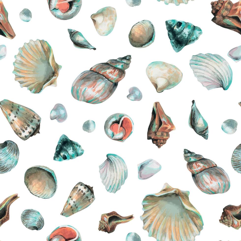 Seashell Pattern on isolated background. Hand drawn watercolor seamless ornament with Sea Shells for wrapping paper or textile in nautical style. Underwater illustration with cockleshell and scallop vector