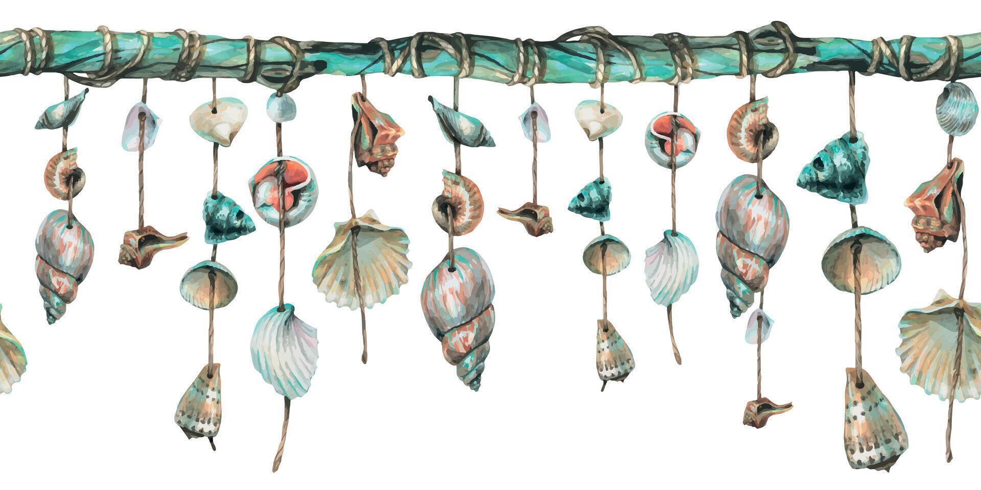 Seashells are hung on turquoise wooden sticks. Hand drawn watercolor illustration. Seamless sea, beach, summer border for decoration and design. vector