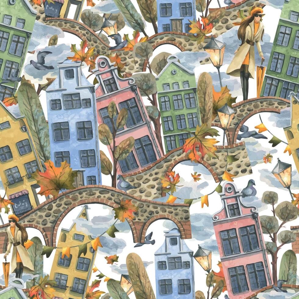 Ancient European houses are colorful, with autumn trees and leaves, stone bridges and lanterns, with a girl in a raincoat with an umbrella. Hand drawn watercolor illustration. Seamless pattern. vector