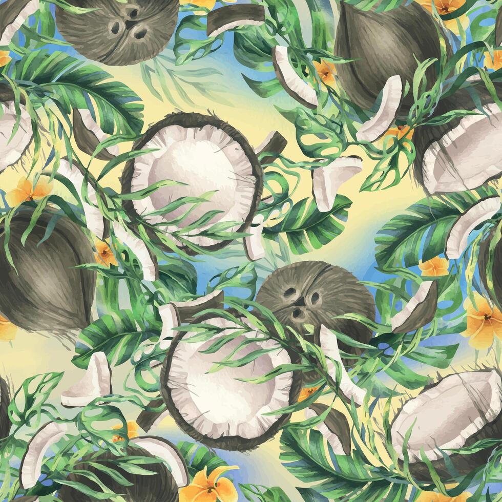 Coconuts whole, halves and pieces with bright, green, tropical palm leaves and yellow plumeria flowers. Hand drawn watercolor illustration. Seamless pattern, background vector